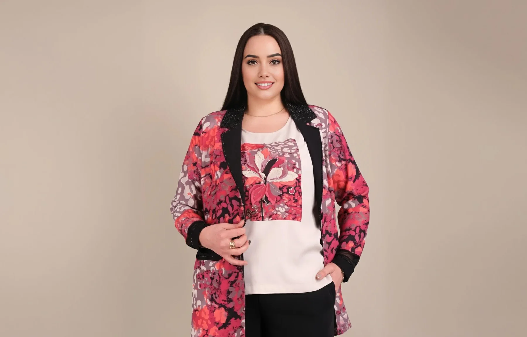 Ensemble 3 Pièces Veste Fleurie Rose Fuchsia Grande Taille