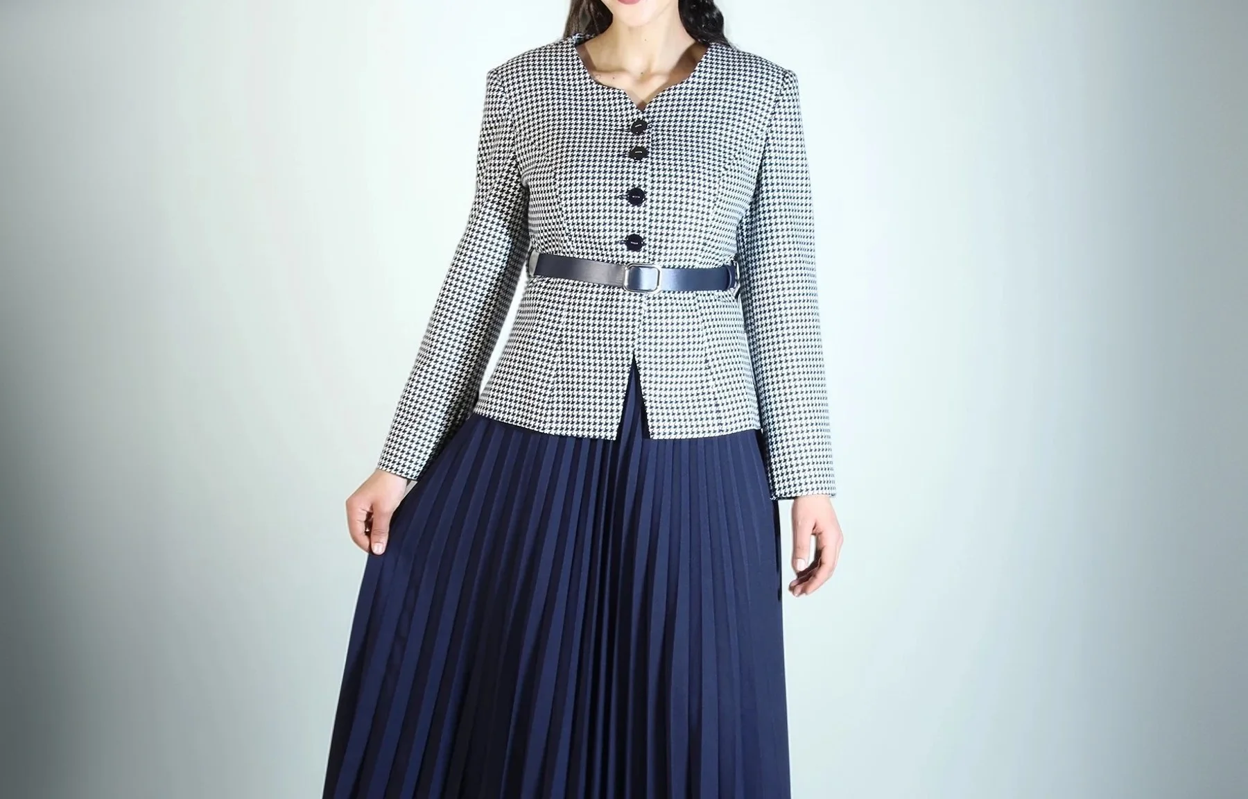 Ensemble Veste Pied-de-Poule Jupe Plissée Noir