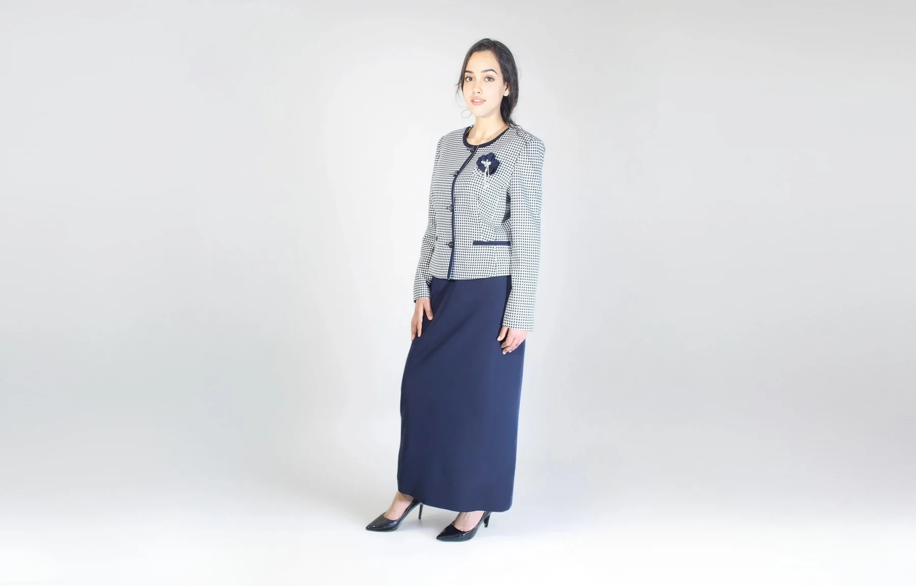 Ensemble Pied-de-Poule Jupe Simple Bleu