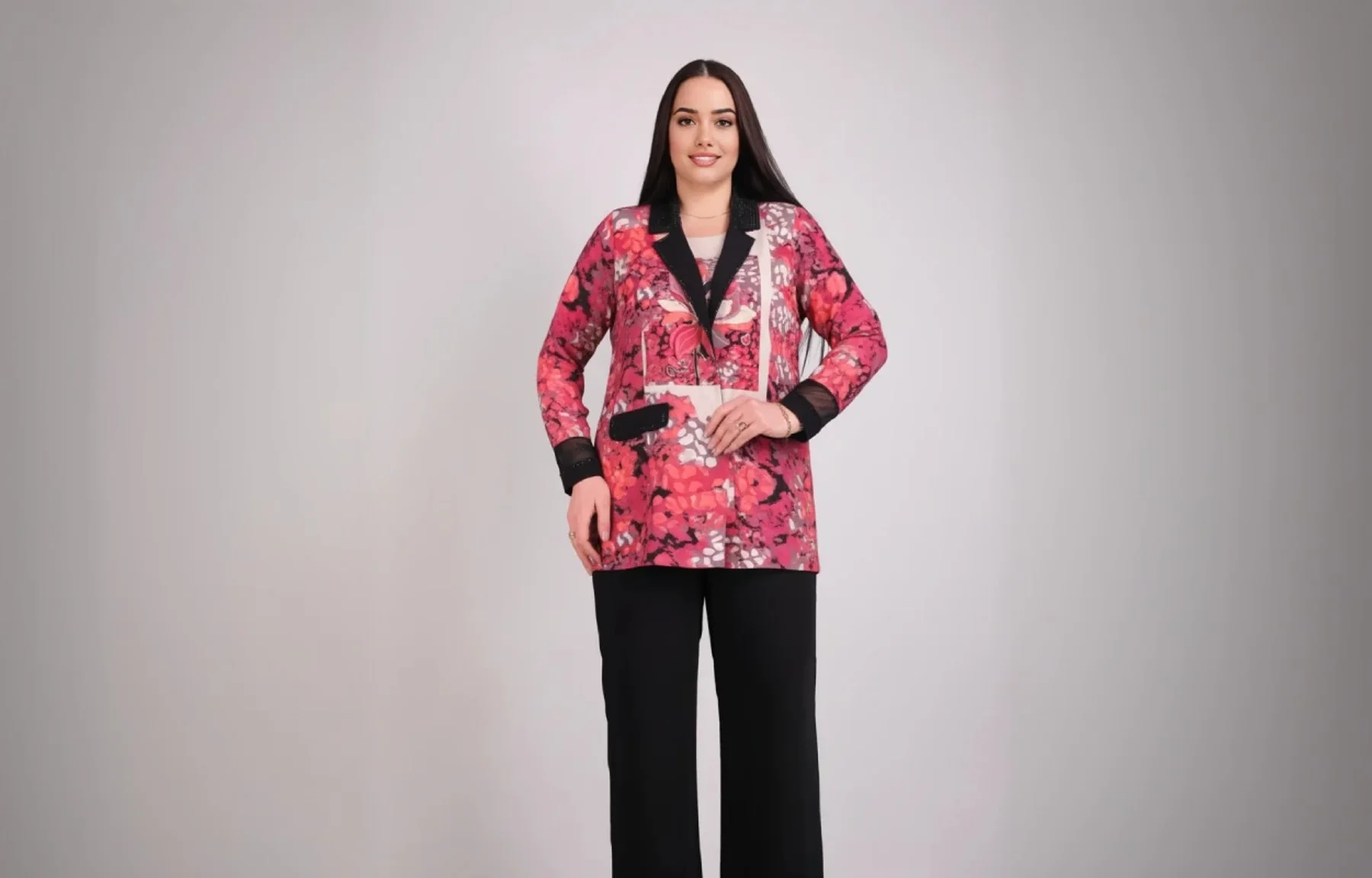 Ensemble 3 Pièces Veste Fleurie Rose Fuchsia Grande Taille