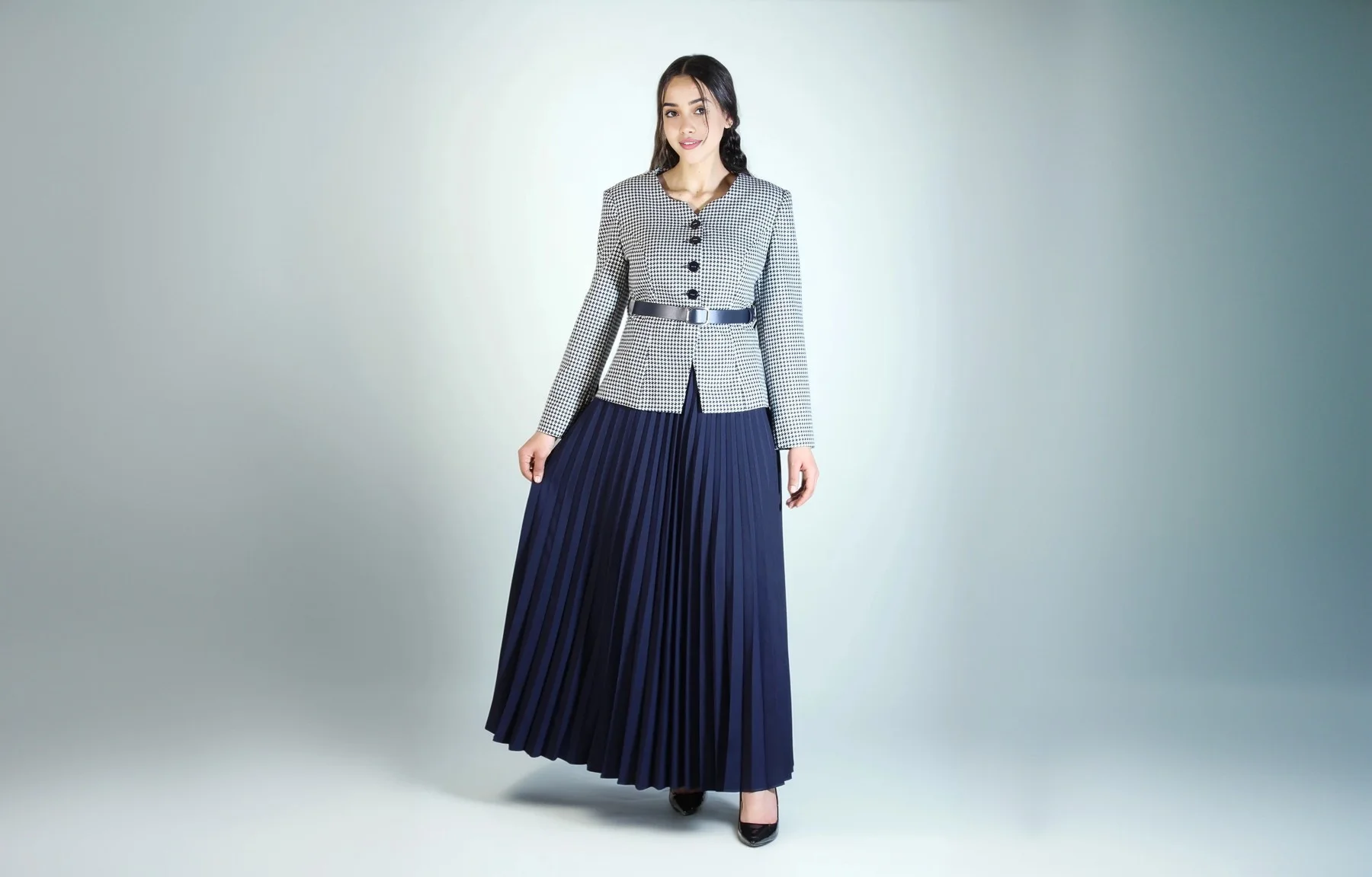 Ensemble Veste Pied-de-Poule Jupe Plissée Noir