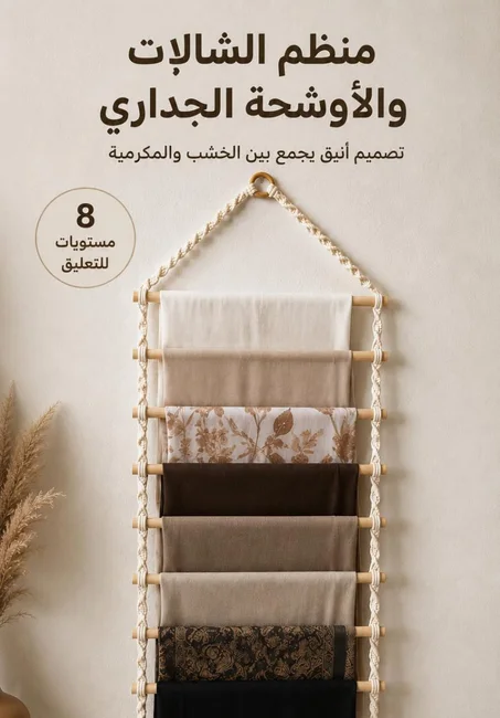 منظم الشالات والأوشحة الجداري من الخشب والمكرمي