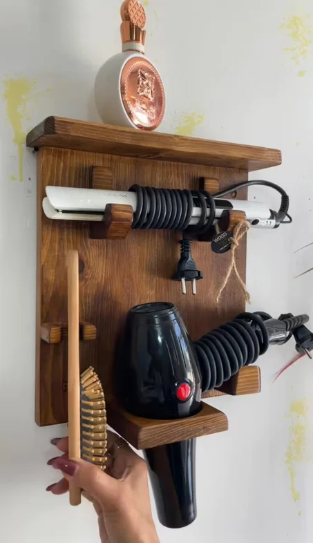 Organisateur Mural en Bois pour Sèche-Cheveux et Accessoires