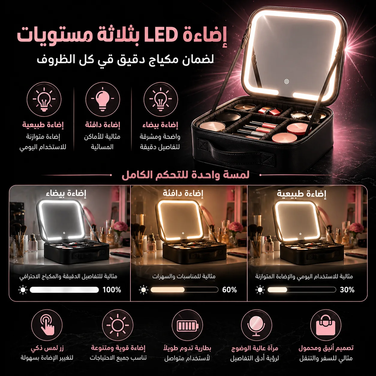 حقيبة مكياج راقية مع مراية بإضاءة LED