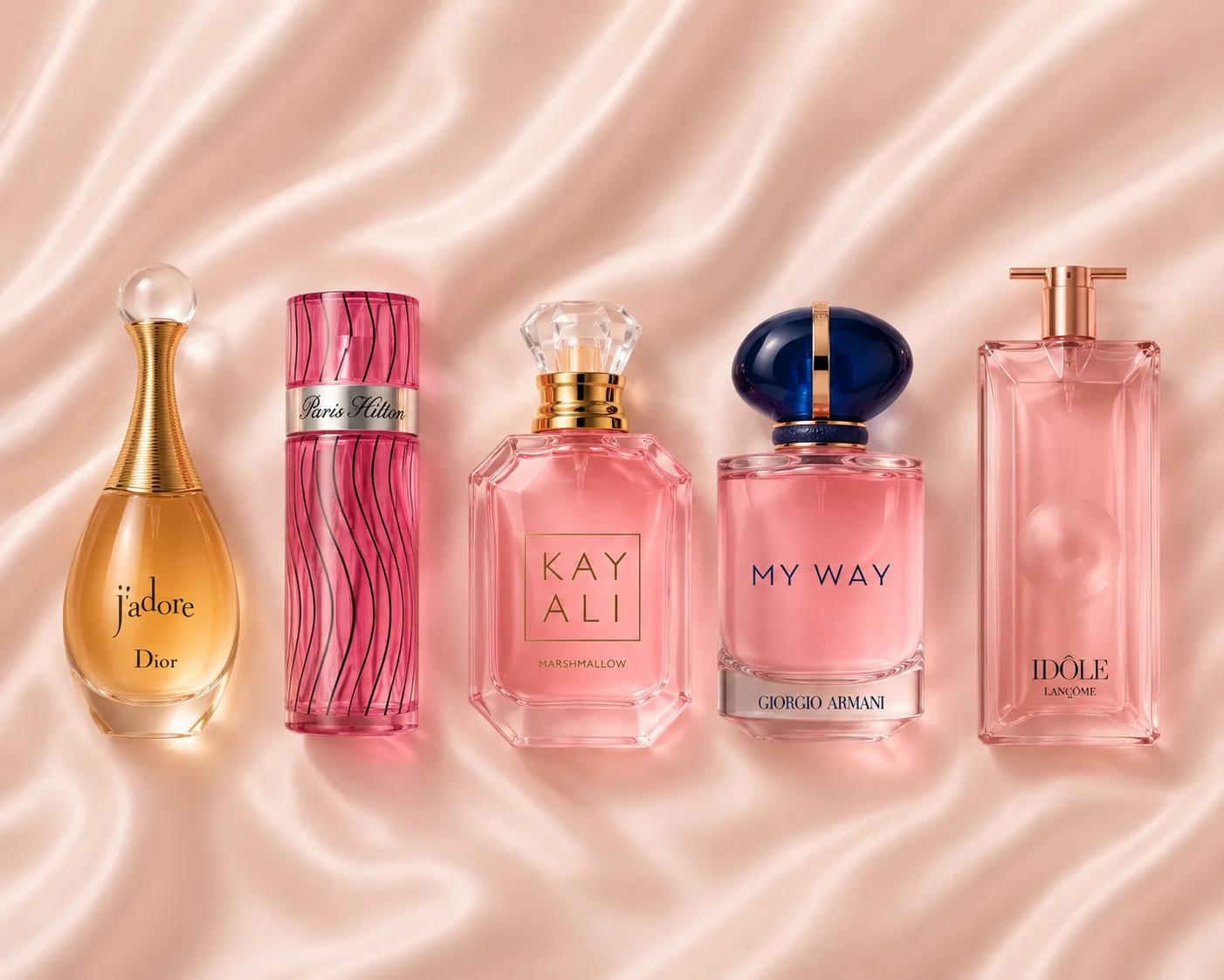 pack 5 parfums 30ML (J'adore–Dior et Paris Hilton et Kayali Marshmallow et My Way–Giorgio Armani et  Idôle–Lancôme)