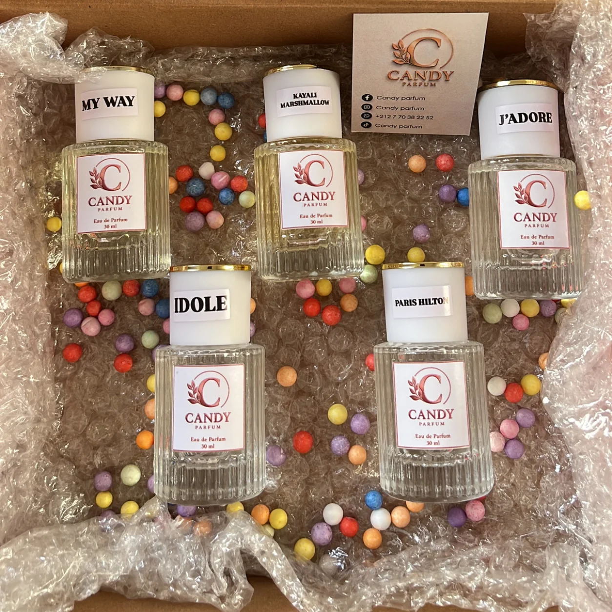 pack 5 parfums 30ML (J'adore–Dior et Paris Hilton et Kayali Marshmallow et My Way–Giorgio Armani et  Idôle–Lancôme)