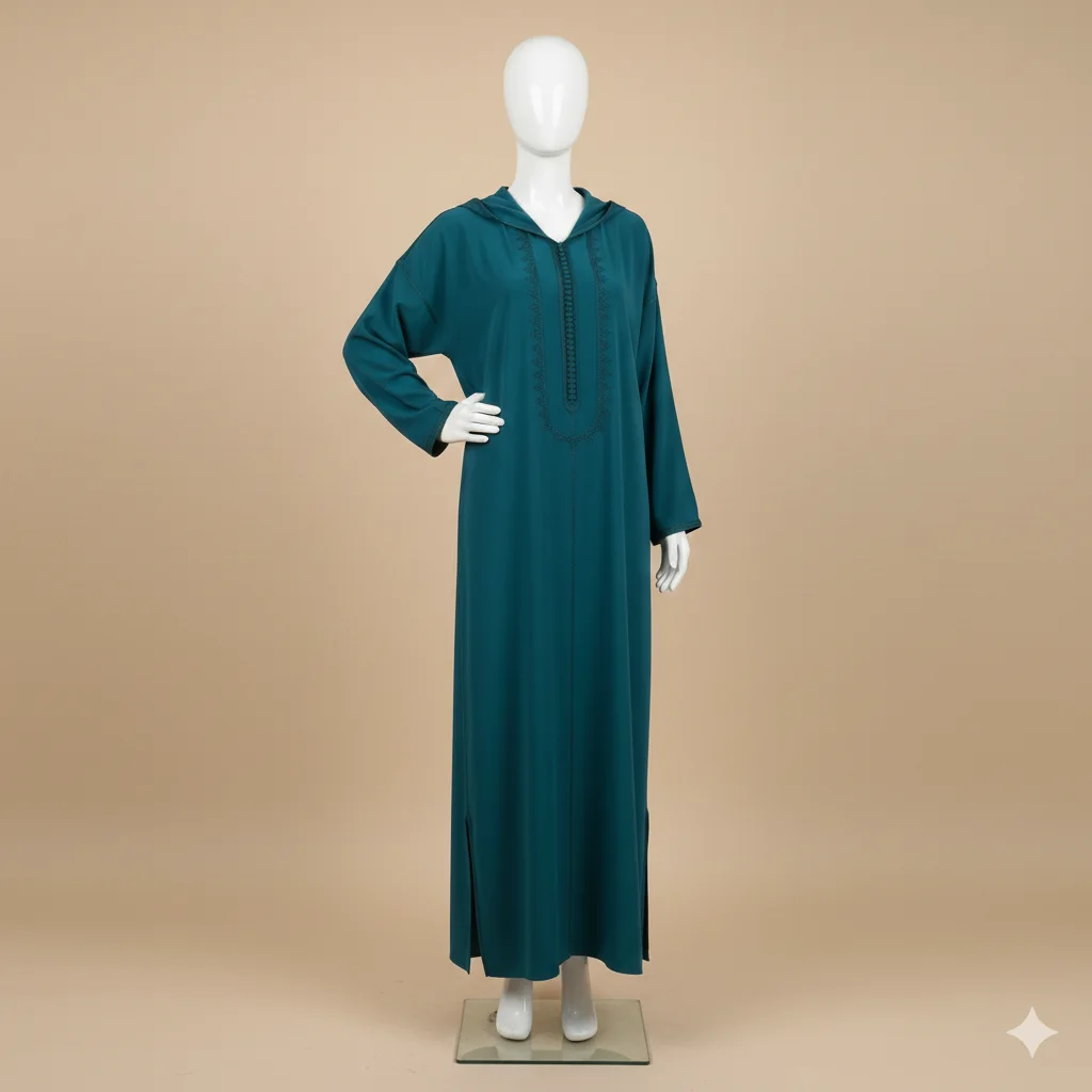 Djellaba Crêpe Travail Maâlem - bleu pétrole