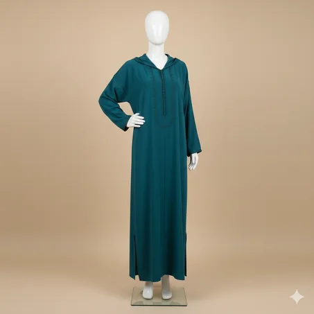 Djellaba Crêpe Travail Maâlem - bleu pétrole