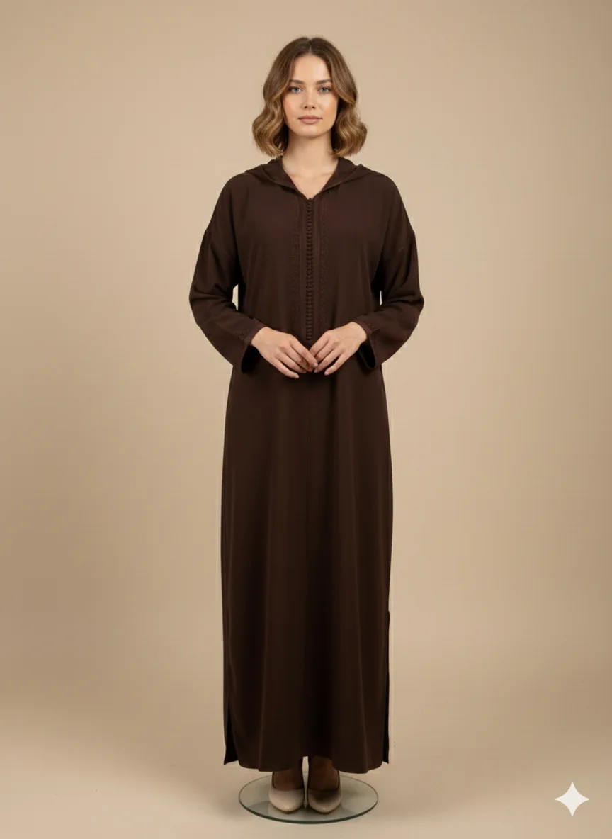 Djellaba Crêpe Travail Maâlem - Marron chocolat