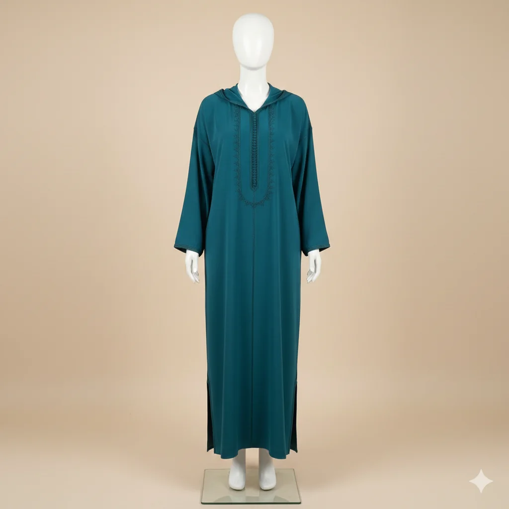 Djellaba Crêpe Travail Maâlem - bleu pétrole