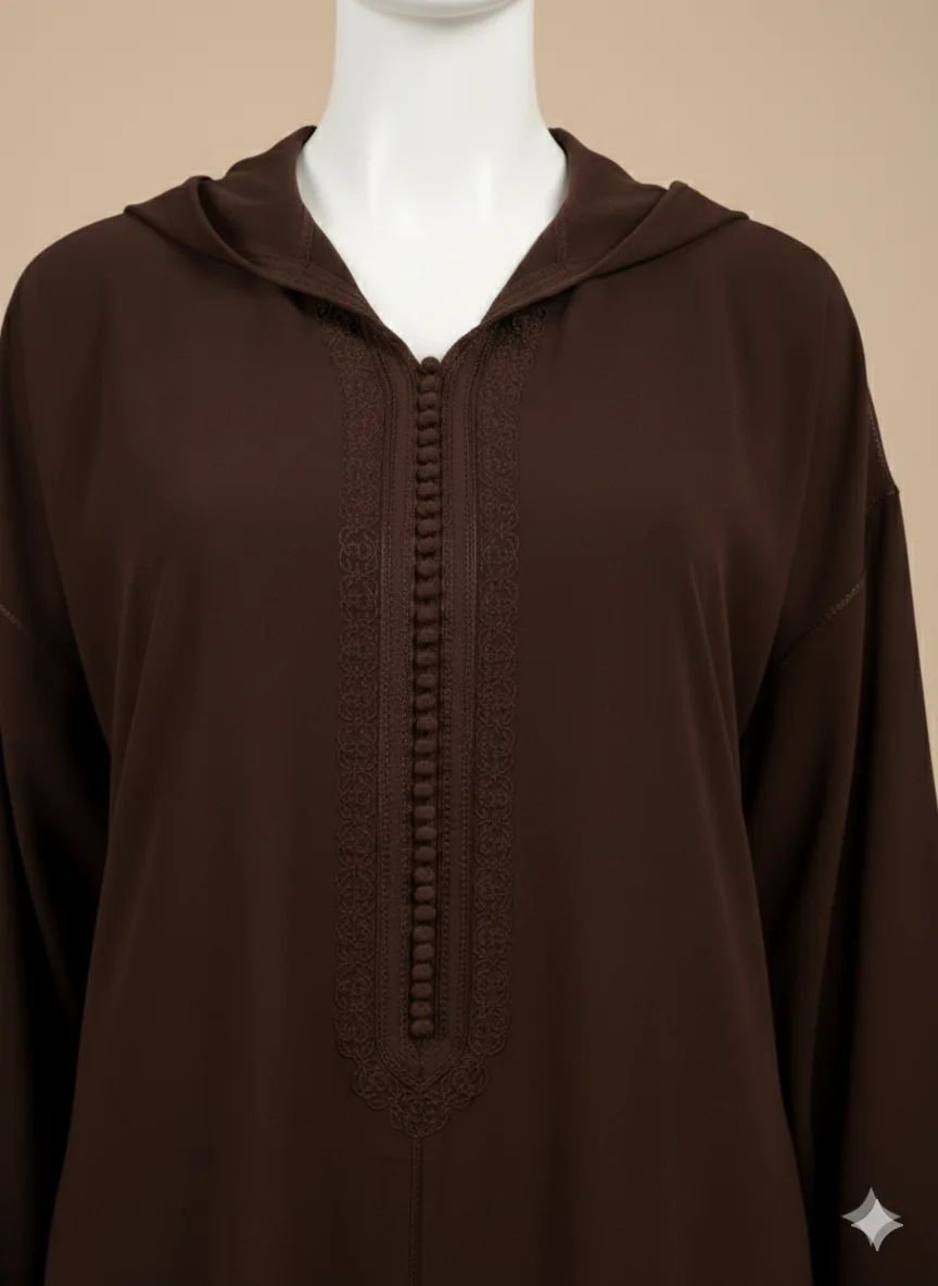 Djellaba Crêpe Travail Maâlem - Marron chocolat