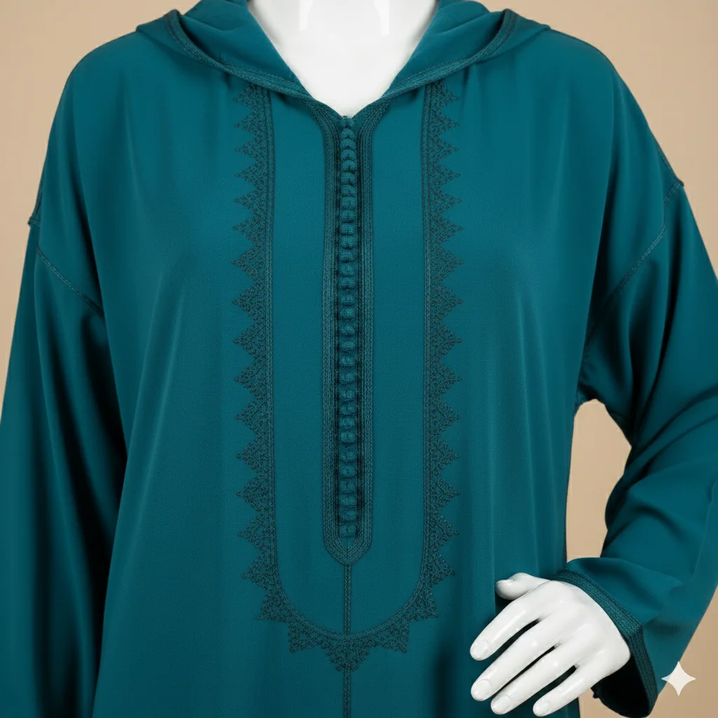 Djellaba Crêpe Travail Maâlem - bleu pétrole