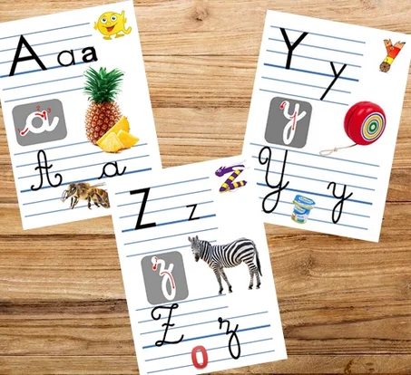 26 affiches de l'alphabet avec les 4 écritures - format A4