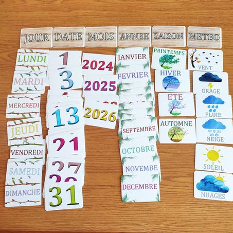 72 cartes des jours, dates, mois, année, saison et météo