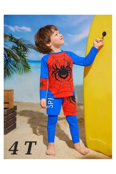 Toddler Boys Cartoon Cute Long Sleeve Swimwear Separates, Beach Vacation Swimsuit