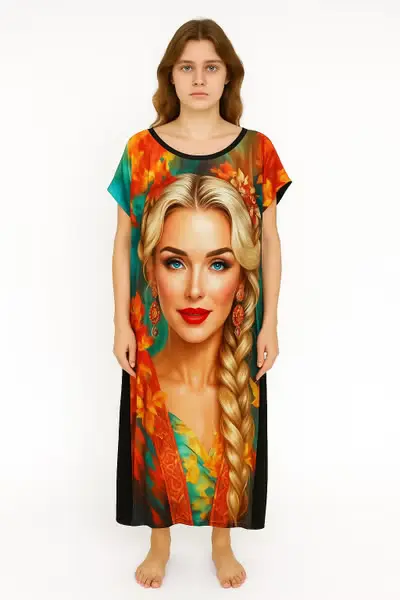 Summer maxi dress with a distinctive artistic print - feminine face design and colorful flowers