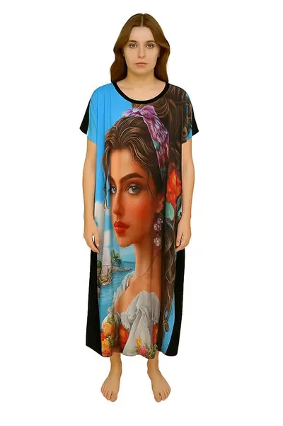 Summer maxi dress with a distinctive artistic print - feminine face design and colorful flowers
