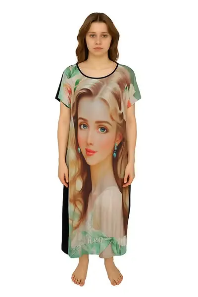 Summer maxi dress with a distinctive artistic print - feminine face design and colorful flowers