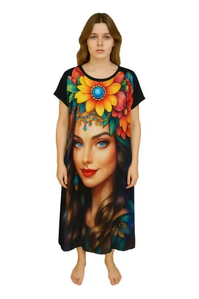 Summer maxi dress with a distinctive artistic print - feminine face design and colorful flowers