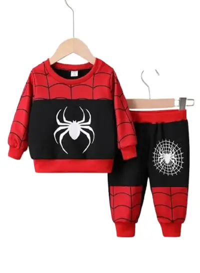 Young Boy 2-Piece Casual Spider Print Long-Sleeved Hooded Sweatshirt And Spider Web Print Trousers