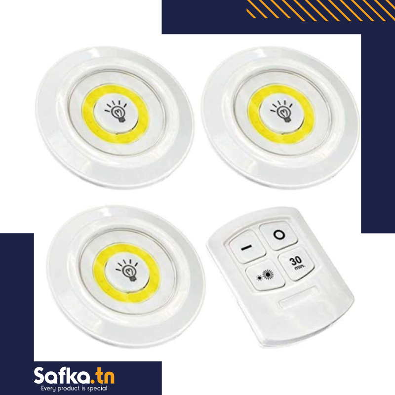 Lot de 3 spots LED sans fil avec télécommande.