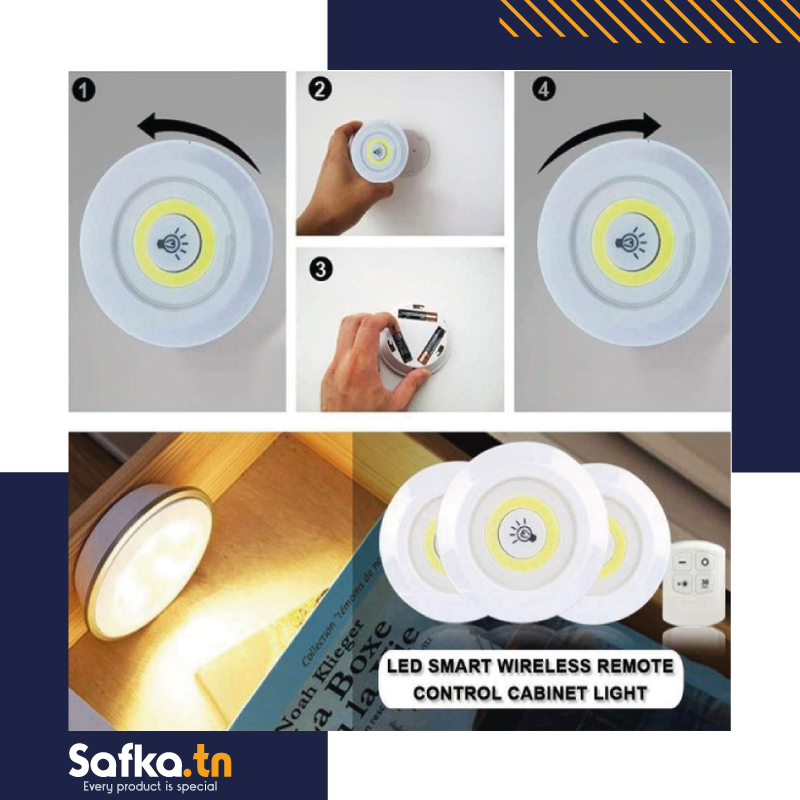 Lot de 3 spots LED sans fil avec télécommande.