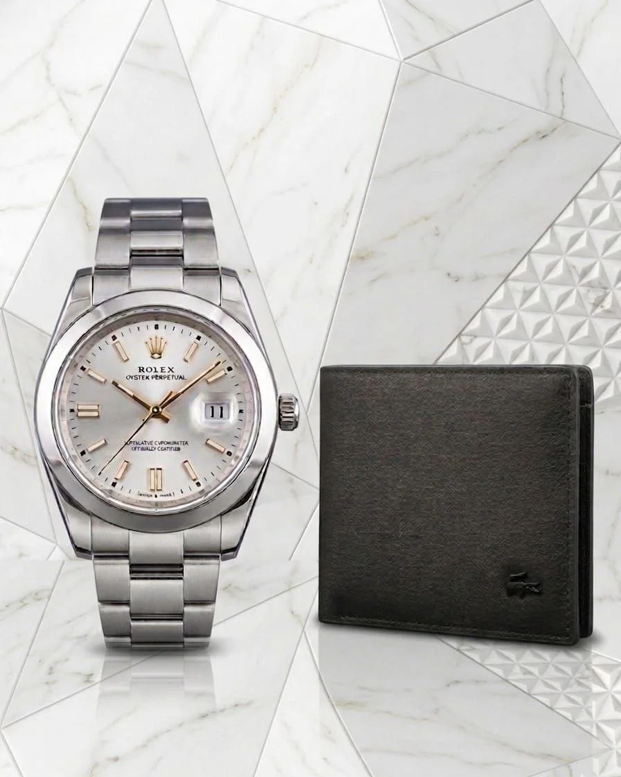 Pack Montre Rolex Oyster Perpetual Date-Silver & Gold Edition et Porte-monnaie LACOSTE