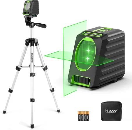 Huepar - Nivel láser con trípode de 26 pulgadas, herramienta niveladora láser autonivelante de 150°/150 pies con modo de pulso (197 pies), línea cruzada verde conmutable para colgar fotos, az