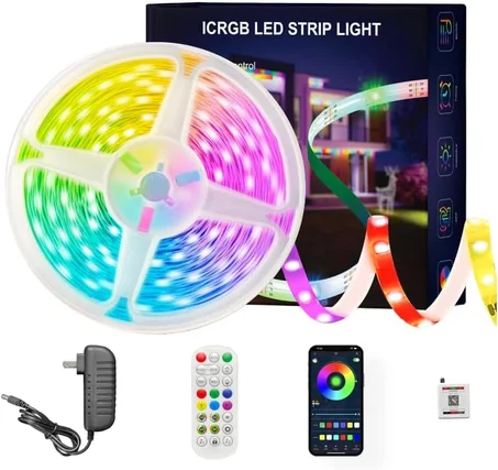 Luces LED IC+RGB de 100 pies (2 rollos de 50 pies), luces LED para dormitorio, sincronización de música, cambio de color, tira de luces LED, con control remoto de aplicación, luces LED para h
