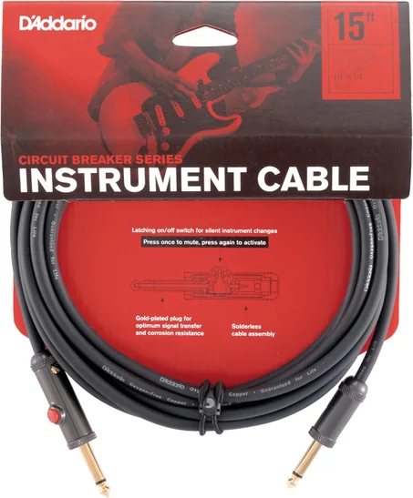 D'Addario Cable de guitarra – Cable de guitarra – Cable de disyuntor – Interruptor de corte con pestillo para silenciar al cambiar el instrumento – 15 pies/15.0 ft – extremos rectos – 1 paque