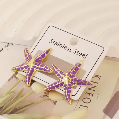 Boucles d'Oreilles "Stella Marina" en Acier Inoxydable – Émail Violet & Or 18K Style