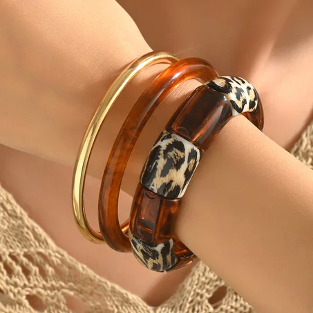 💎 Lot de 3 Bracelets Rigides Résine & Léopard
