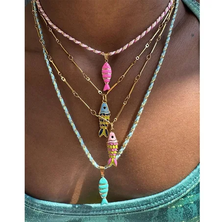 4 Collier Pendentif Poisson Coloré En Acier Titane