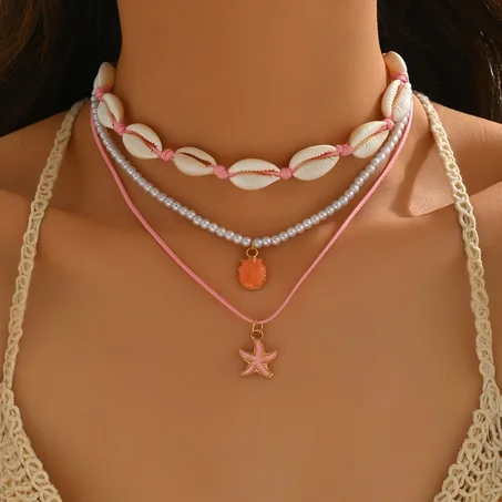 Collier Marin Coquillage Rose Femme Bohème Chic