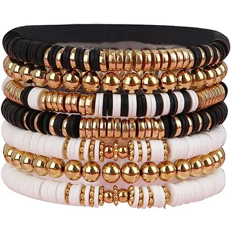 Set 7 Bracelets Perles Doré Noir Blanc Femme