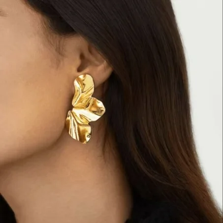 Boucles d'Oreilles "Signature" en Acier Inoxydable – Design Abstrait Froissé Or & Argent