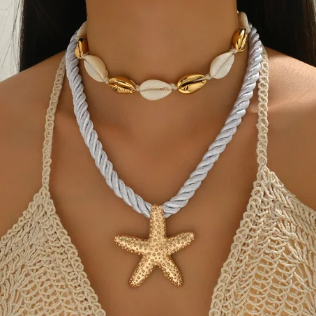 Collier Double Rang Coquillages & Étoile de Mer Dorée