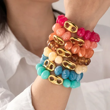 💎 Bracelet Perles Résine Marbrées – Fermoir Maillon Doré