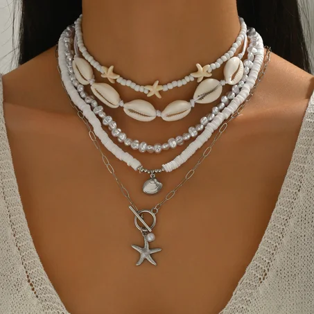 💎 Collier Multi-Rangs Blanc Perles, Coquillages & Étoile de Mer