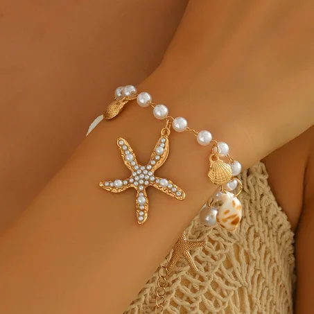 Bracelet Bohème Perles & Coquillages "Deep Sea" – Étoile de Mer Perlée