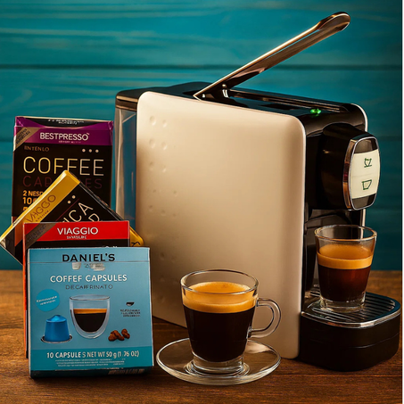 ماكينة قهوة بالكبسولات مع 50 كبسولة + 6 أكواب هدية