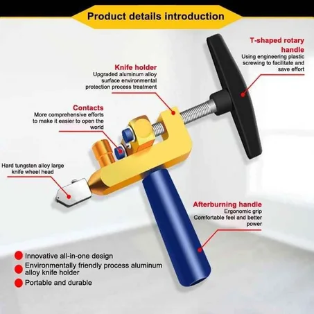 قاطع زجاج وحجر يدوي يدوي مع طرف ماسي، أداة محمولة احترافية لقطع الزجاج بدقة، إكسسوار محمول للصناعة للنوافذ، مصنوع من مواد فولاذية.