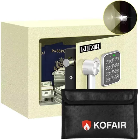 Caja de seguridad KOFAIR para el hogar (0.23 pies cúbicos) con bolsa ignífuga, caja de seguridad personal para ahorro de efectivo, mini caja de seguridad con llave, caja de seguridad digital 