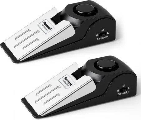 Paquete de 2 alarmas de tope de puerta, tope de puerta con alarma de seguridad de 120 DB, sirena de tope de puerta de cuña de piso, dispositivos de seguridad de puerta para viajes