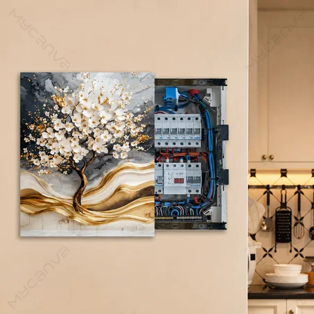 لوحة فنية لتغطية صندوق الكهرباء – Golden Blossom Elegance