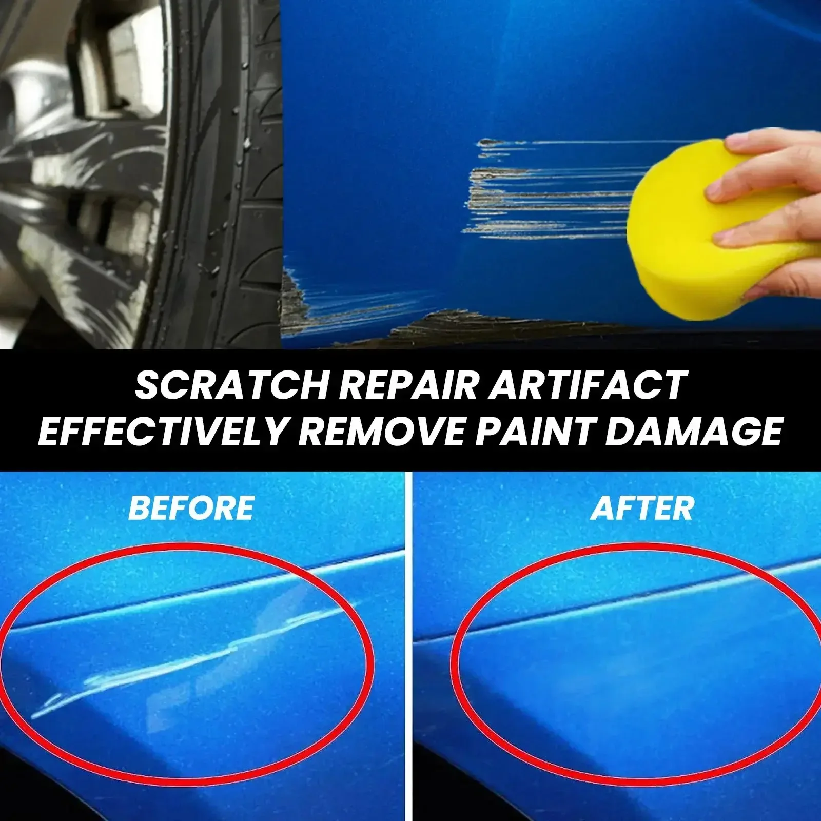 Before and after using scratch repair product