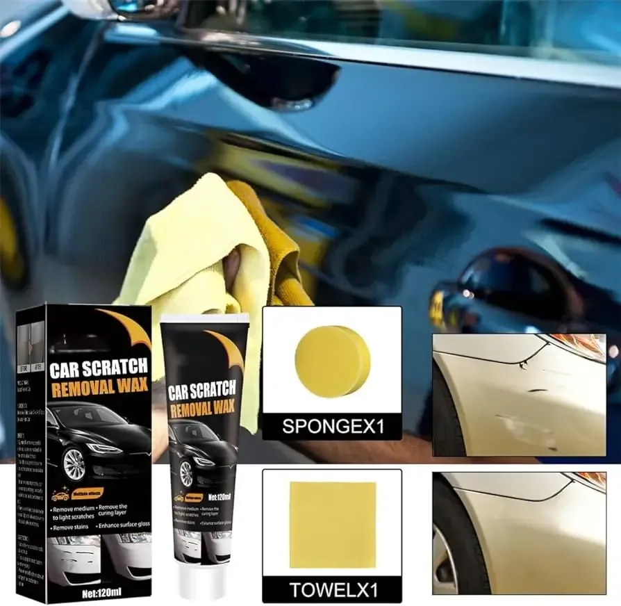 Car scratch removal wax, sponge, and towel