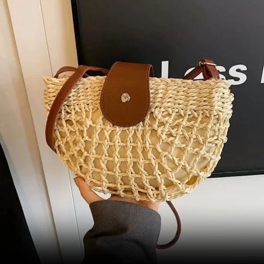 Sac à Main Vintage Années 70 En Raphia & Rabane, Bordures Cuir Doré - Luigi Sciorio (?) - Italie