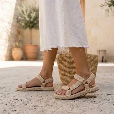Sandales Plates en Raphia avec Skechers