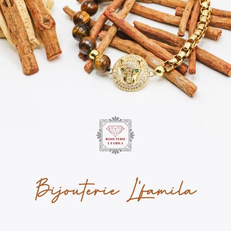 براسلي مميز بحجر عين النمر والنصف الثاني بوندونتيف السبع الذهبي والسلسلة من فئة ستان ليس تيل